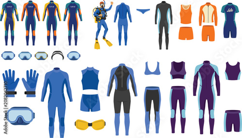 Schilderij op canvas Scuba Diving Gear and Wetsuit Collection with Swimwear Snorkeling Equipment Vect