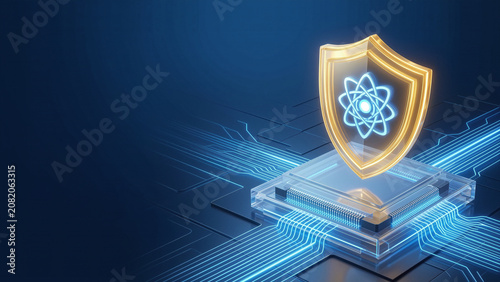 Quantum computing security concept with a glowing atom symbol shield protecting a microchip on a futuristic circuit board