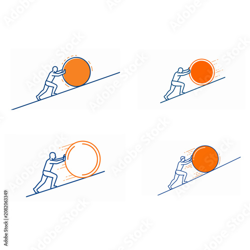 Person pushing a heavy round sphere up a hill slope concept vector with struggle vector