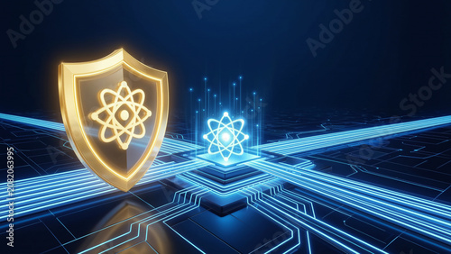 Golden shield with atom icon securing a quantum processor on a glowing circuit board, illustrating advanced digital data protection and futuristic technology