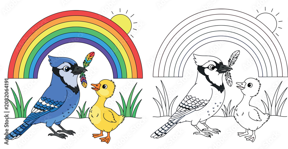 Fototapeta premium Cheerful Blue Jay and Duckling with Rainbow - Cute Cartoon Illustration for Kids' Books, Nature Themes, and Educational Content