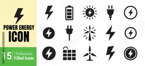 Sustainable power energy icon collection with wind turbine solar technology and battery graphics.