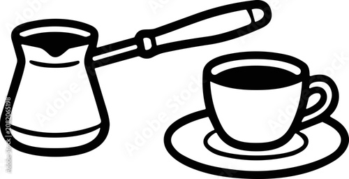 Bild auf Leinwand Turkish Coffee Pot and Cup Icon - Simple Line Art Illustration
