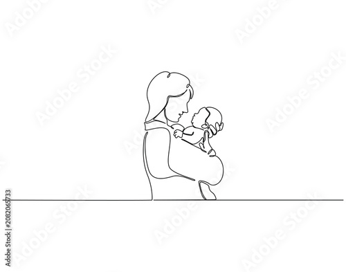 Mother carrying child continuous line art. Mother carrying baby one line drawing. Parenting bond, Family love concept vector illustration