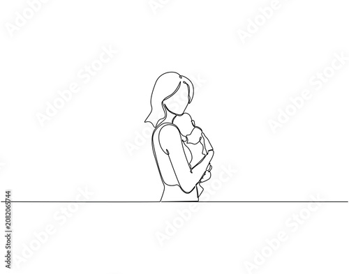 Mother carrying child continuous line art. Mother carrying baby one line drawing. Parenting bond, Family love concept vector illustration