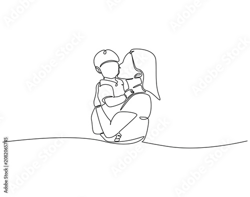 Mother carrying child continuous line art. Mother carrying baby one line drawing. Parenting bond, Family love concept vector illustration
