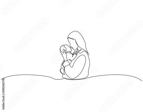 Mother carrying child continuous line art. Mother carrying baby one line drawing. Parenting bond, Family love concept vector illustration