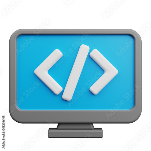 3D Cartoon Computer Monitor with Code Brackets