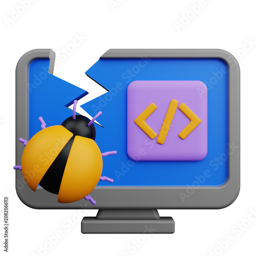 3D Cartoon Computer Monitor with Bug and Code Icon