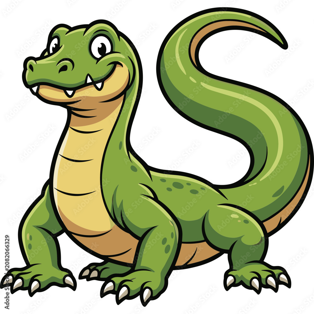 Fototapeta premium A cheerful cartoon dinosaur with sharp teeth and claws stands proudly on ground.