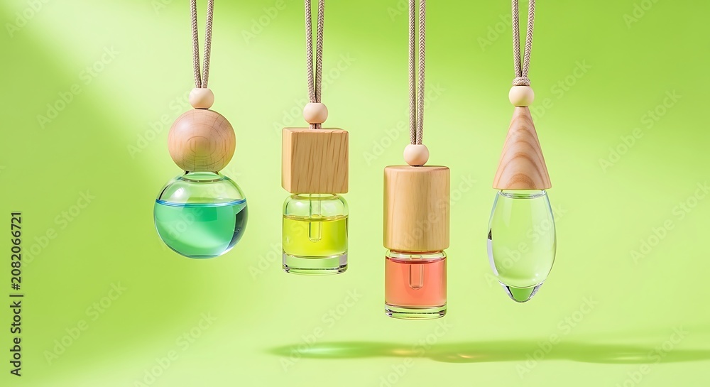 Obraz premium Colorful Hanging Glass Diffuser Bottles with Wooden Caps on Green Background