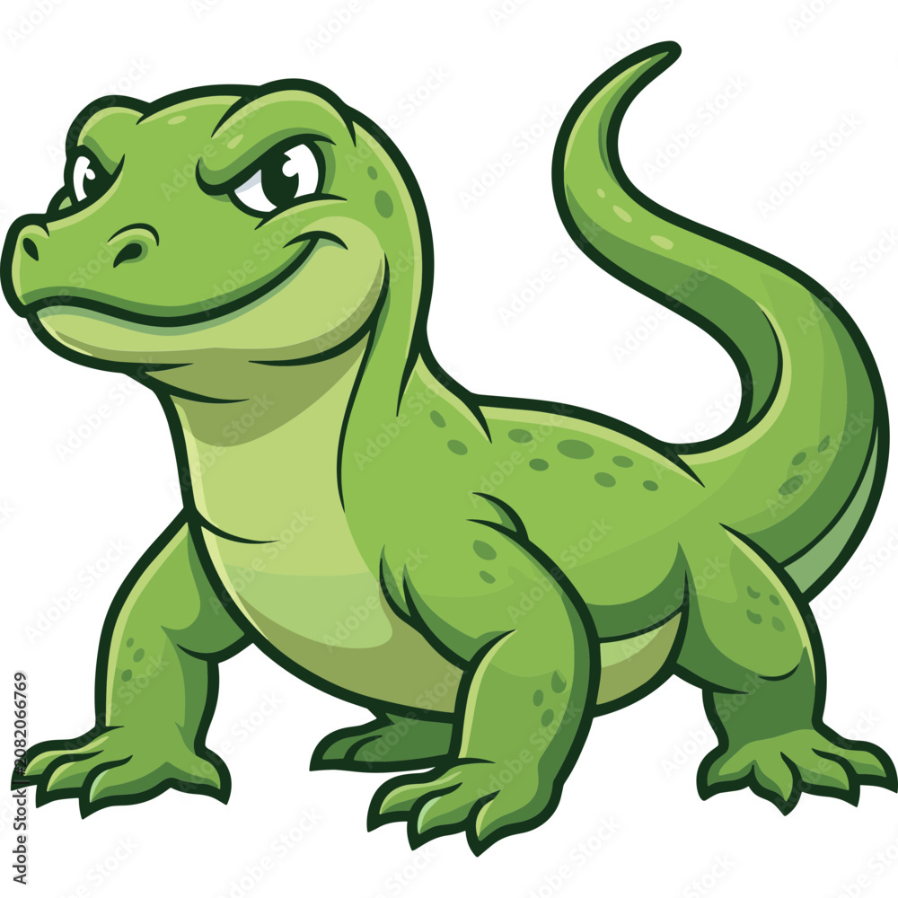 Fototapeta premium A cartoon green lizard stands proudly on its legs in a natural setting.