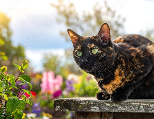 Alert Tortoiseshell Cat Sitting on Weathered Wooden Bench in Colorful Garden
