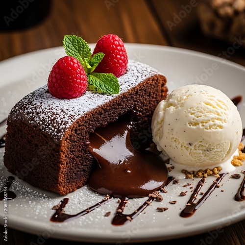 Decadent Chocolate Lava Cake with Vanilla Ice Cream and Fresh Raspberries.