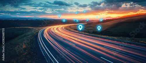 Scenic Curved Road with GPS Location Pins and Sunset Landscape
