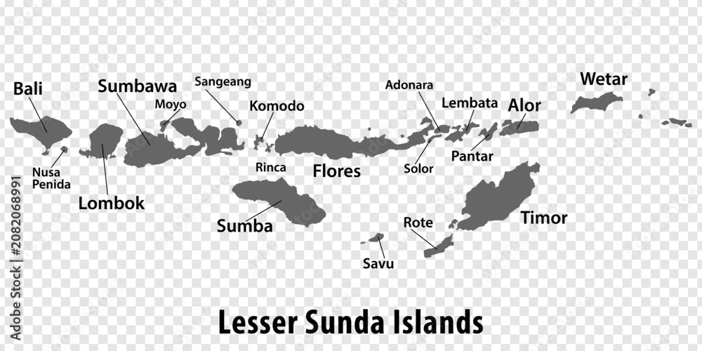 Fototapeta premium Blank map Lesser Sunda Islands in gray. Every Island map is with titles. High quality map of Lesser Sunda Islands on transparent background for your design. EPS10.