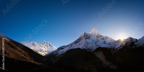Obraz na płótnie Snowy Lhotse, Everest and Ama Dablam peaks in early autumn morning at sunrise