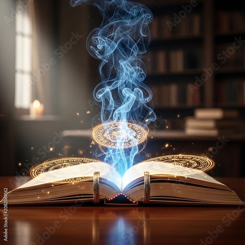 Glowing Open Book Emitting Blue Smoke and Magic Light in Dark Library