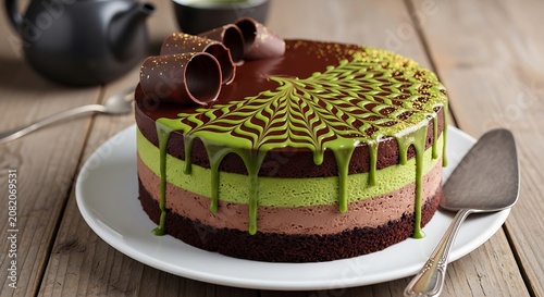 Decadent Layered Chocolate and Matcha Mousse Cake with Ganache Drip.