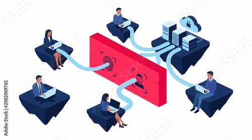 Isometric 3D illustration of remote workers connecting to a secure cloud server through a red firewall barrier, representing VPN and network security