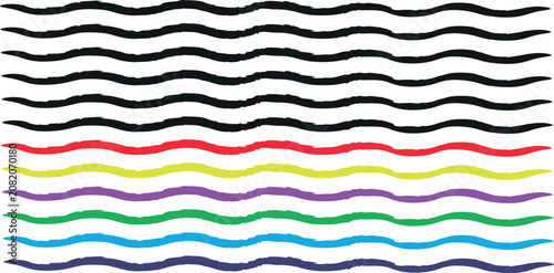 Tableau sur toile A horizontal arrangement of wavy lines in a rainbow spectrum each featuring a rough organic brush stroke texture isolated on a white background