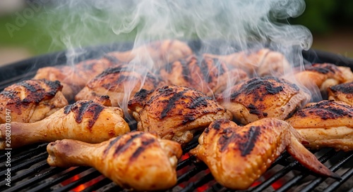 Delicious Grilled Chicken Pieces Cooking on Charcoal Barbecue Grill.