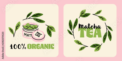 Organic matcha powder and green tea leaves hand drawn badges