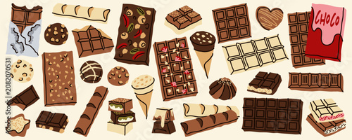 Big Chocolate Bar and Sweet Candy Dessert Set with Hand Drawn Elements in Minimalist Flat Doodle Style