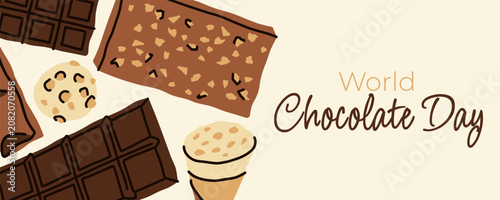 World Chocolate Day Horizontal Banner Template with Flat Hand Drawn Chocolate Bars and Truffles for Social Media Ads