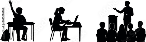 Diverse classroom scenes depicted as silhouettes, showing learning and teaching moments