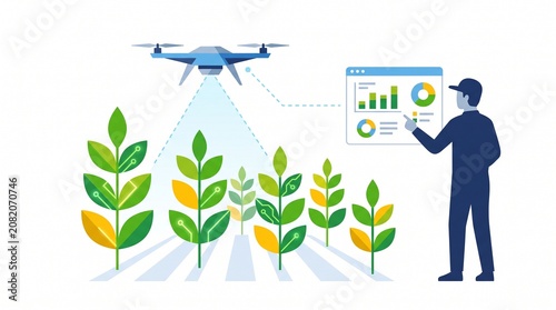 Flat vector illustration of a farmer using a drone and digital dashboard for crop monitoring, representing smart agriculture and precision farming