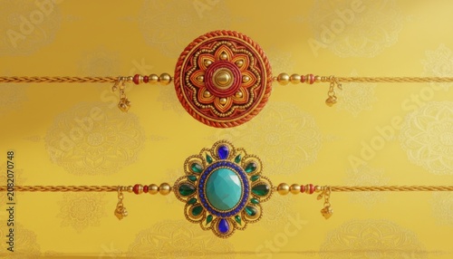 Ornate Indian rakhi bracelet on yellow background, traditional festival wrist thread with beads and tassels, close-up
