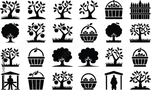 Foto Assorted black silhouettes of apple trees and harvest baskets for agricultural g