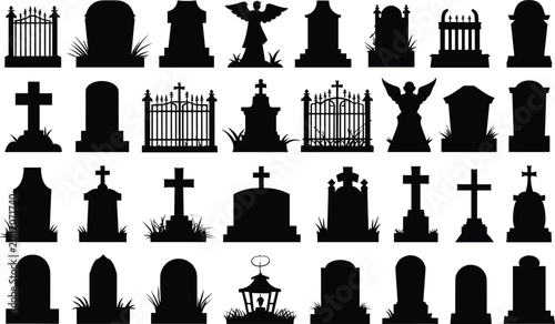 Fotografie Collection of black gothic gravestone and tombstone silhouettes for halloween