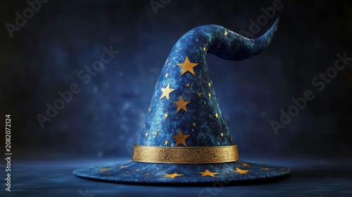 Blue wizard hat with stars and a golden band, symbolizing magic and fantasy themes.