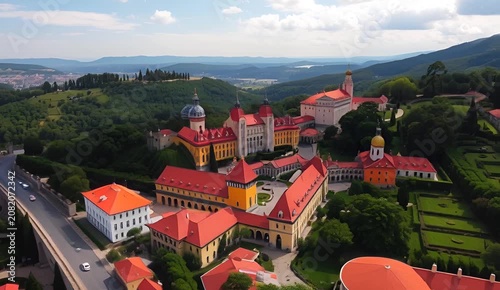 Historic town of Sintra Portugal from above with red rooftops palaces surrounded