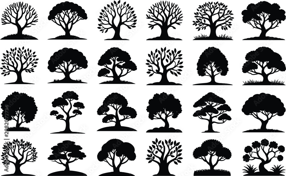 Obraz premium Set of black tree silhouettes, various types of trees with distinct shapes and foliage designs
