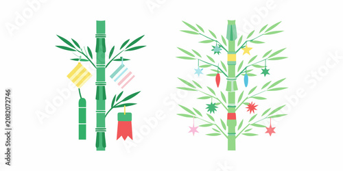 Tanabata Festival Bamboo Decorations Flat Vector Illustration