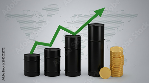 Oil barrels graph showing rising prices and growth with coins  