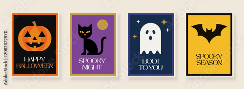 Minimalist Halloween greeting card set with pumpkin black cat ghost and bat flat design illustrations.