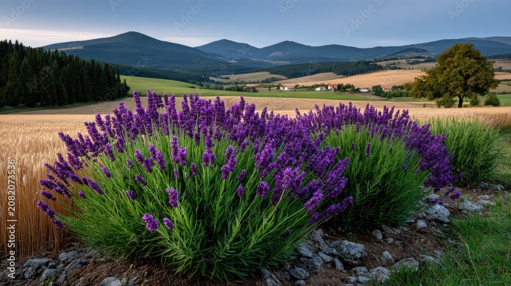 Fototapeta premium Endless lavender fields blend with golden wheat beneath a pastel sunrise sky over soft rolling hills in a rural countryside