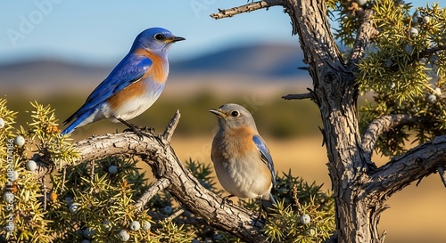 Two Colorful Bluebirds Perched on Juniper Branch in Sunny Desert Landscape