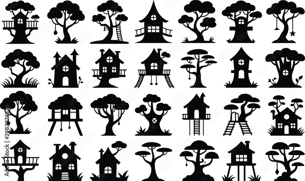 Naklejka premium Various treehouse and forest tree silhouettes for creative design projects with rustic wooden cabins