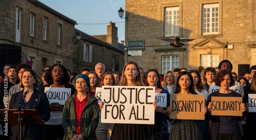Diverse crowd of protesters holding signs for justice equality and dignity in a public square.