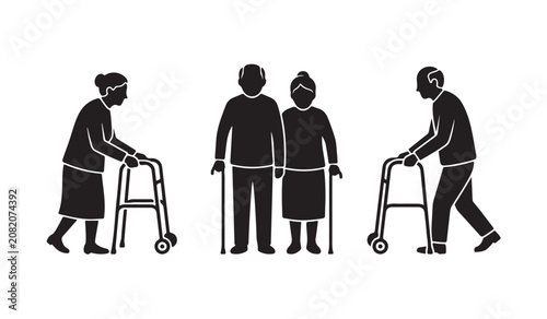 Senior citizens using walker cane mobility support vector icon set