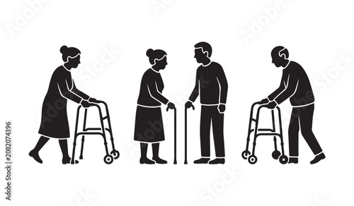 Senior citizens using walker cane mobility support vector icon set