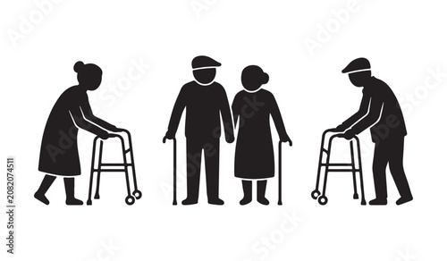 Senior citizens using walker cane mobility support vector icon set