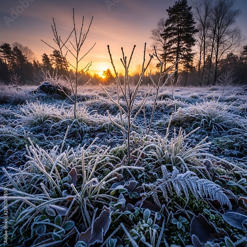 Frost Covered Wild Grass Glowing at Sunrise in Winter Forest Meadow