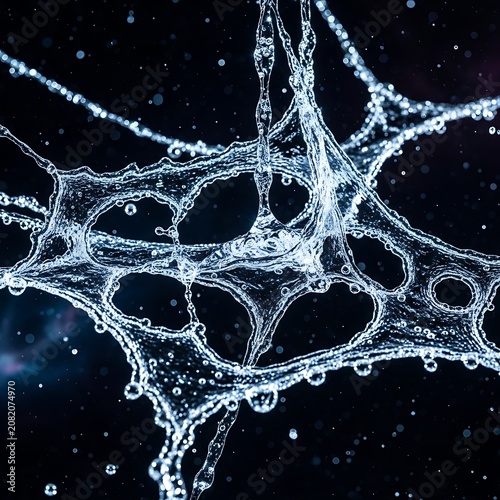 Intricate Clear Water Splash Forming Web Pattern in Dark Abstract Space