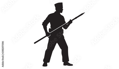 Silhouette of Indonesian traditional warrior holding a spear isolated on white background